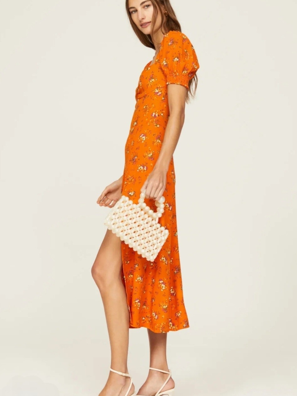 Reformation Orange Floral Lacy Sweatheart Neckline Midi Dress Size 2